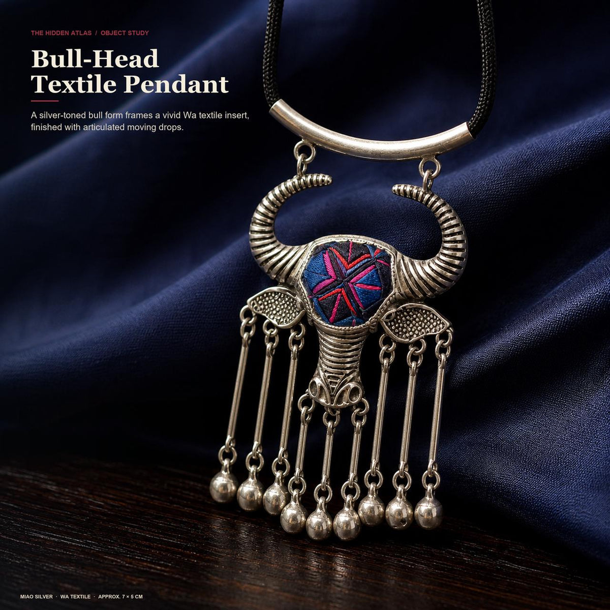 Bull Head Pendant Necklace with Wa Textile