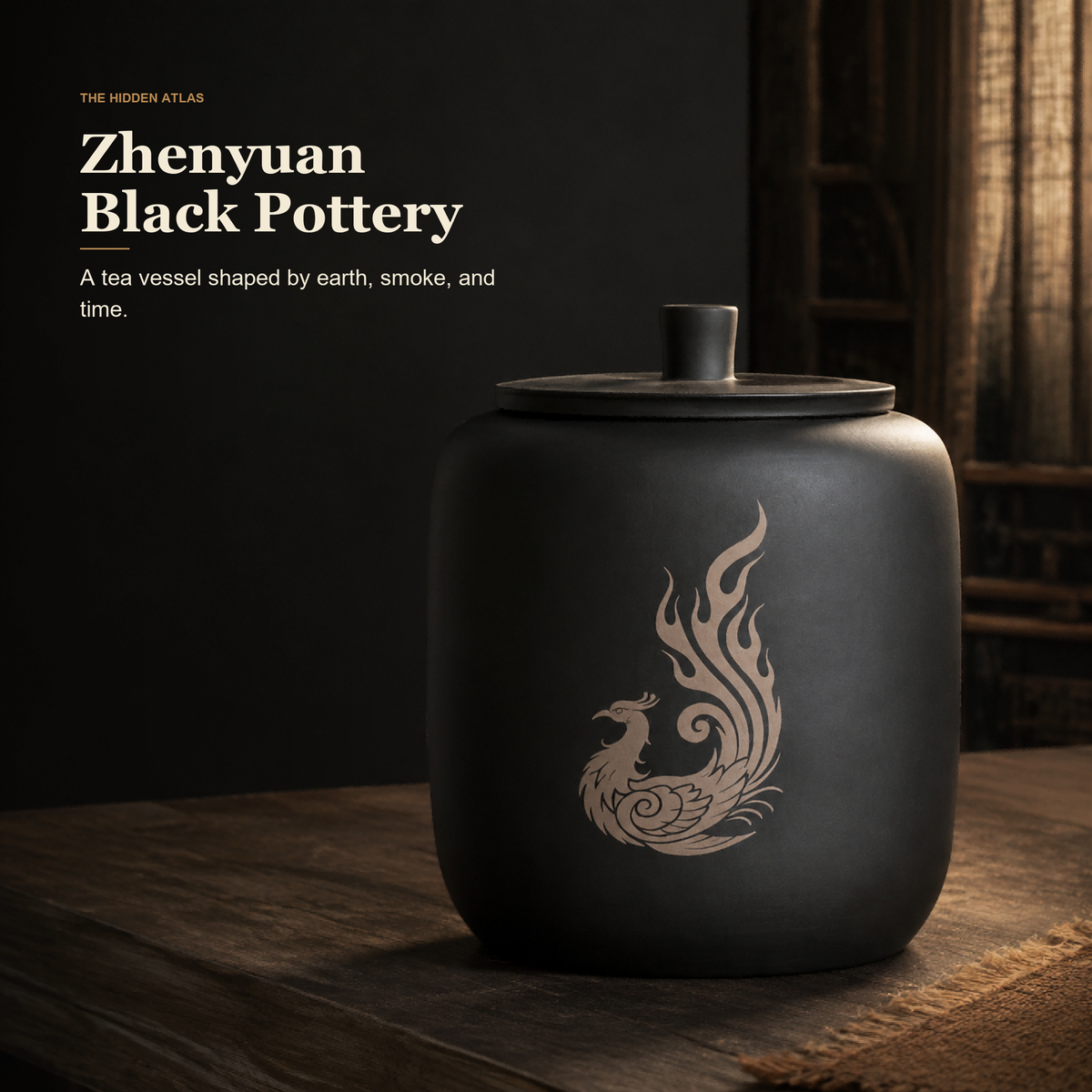 Zhenyuan Black Pottery Tea Canister with Phoenix Motif