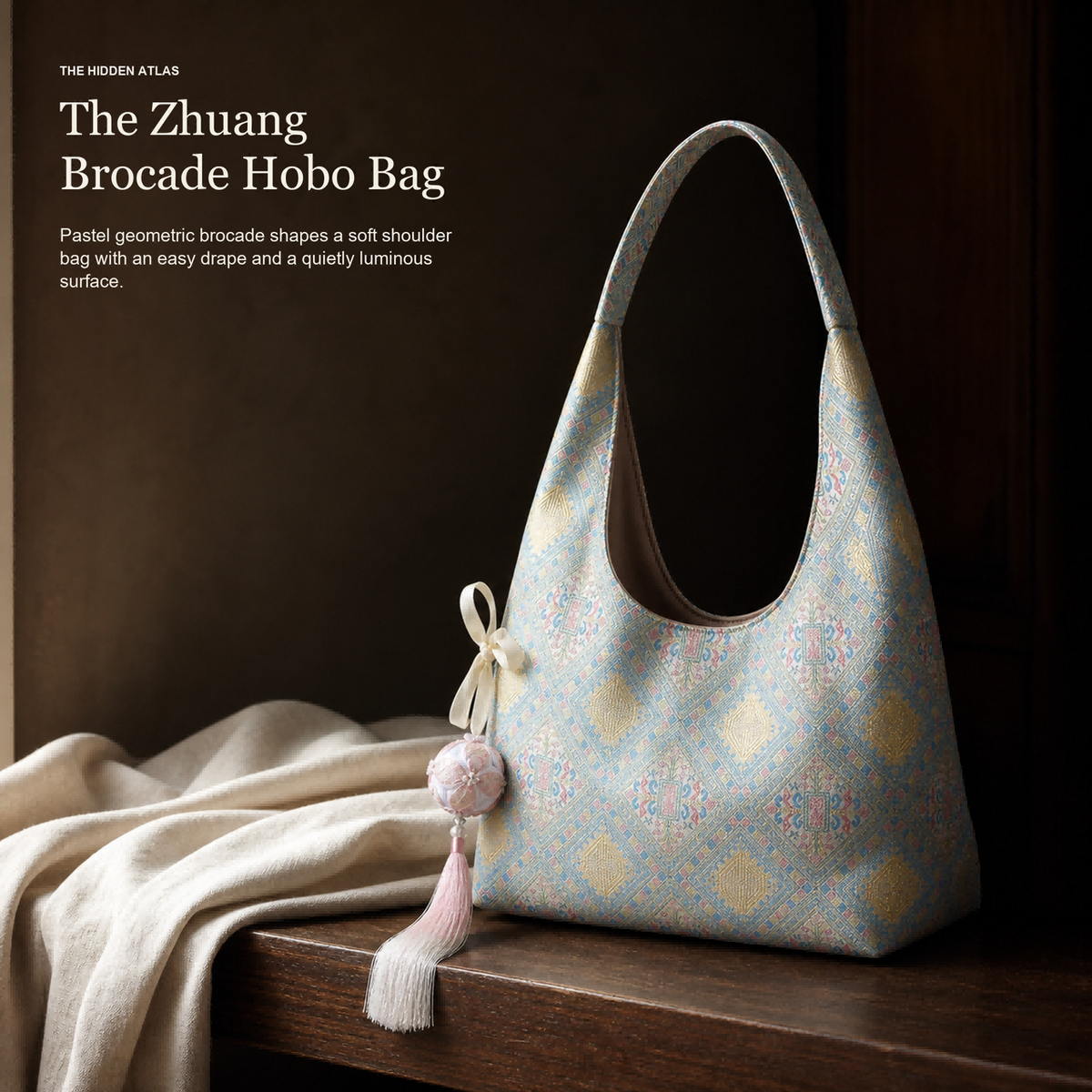 Zhuang Brocade Hobo Bag | Ethnic Pattern Shoulder Tote With Blessing Ball Charm