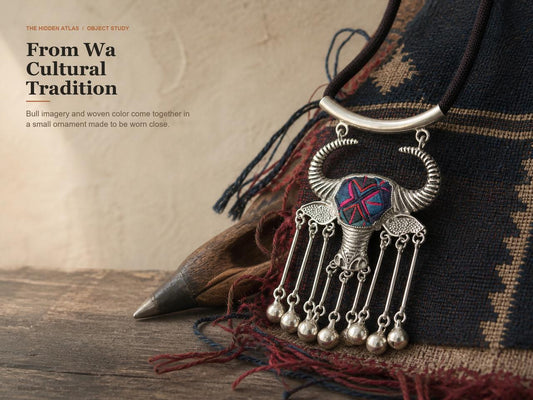 Bull Head Pendant Necklace with Wa Textile