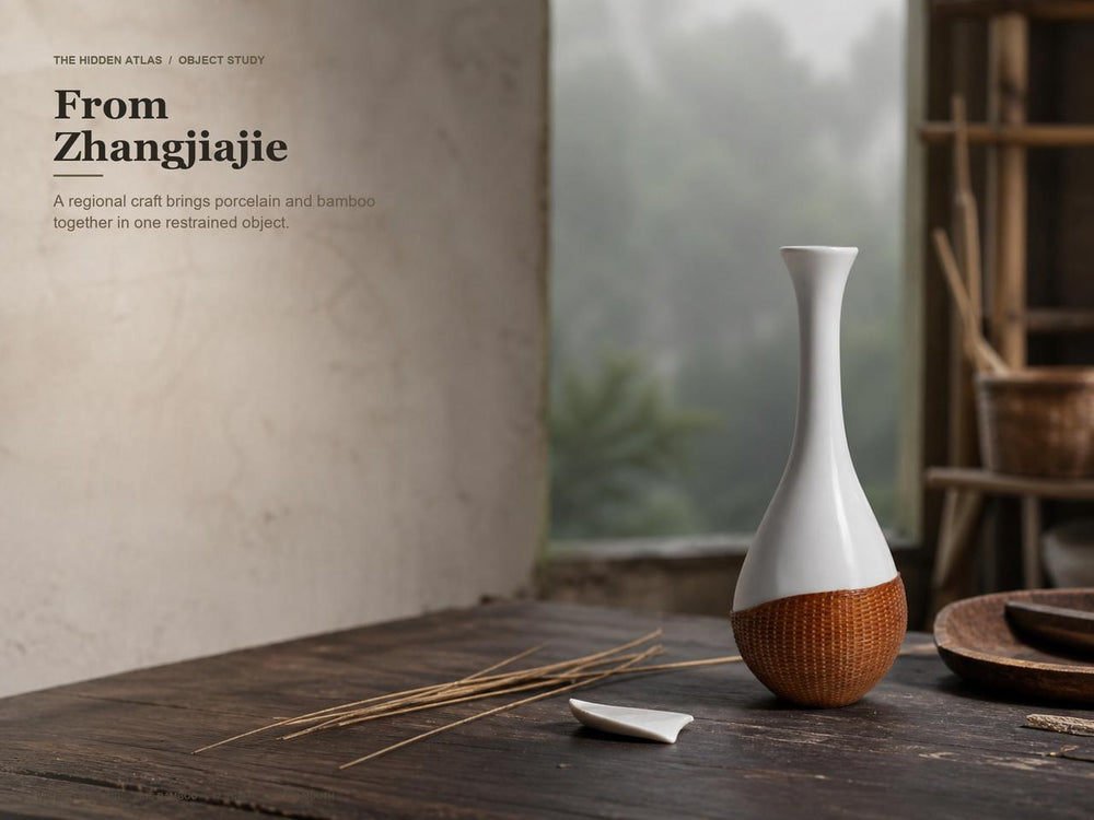 Zhangjiajie Porcelain & Bamboo Filigree Vase | Qing‑Era Inspired Chinese Heritage Home Decor