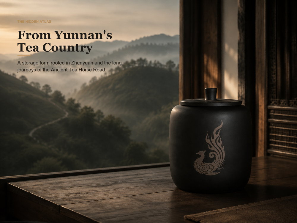 Zhenyuan Black Pottery Tea Canister with Phoenix Motif
