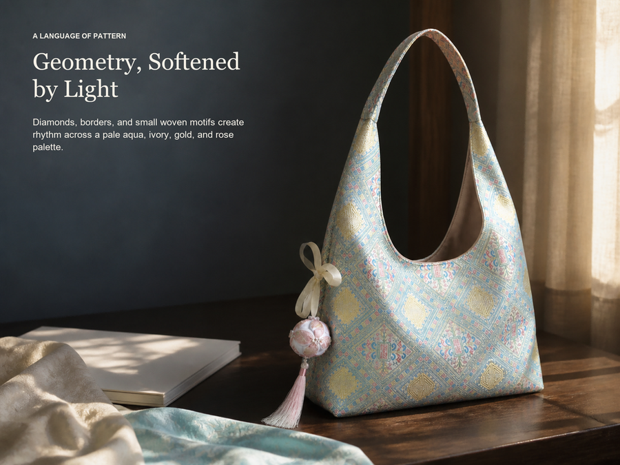 Zhuang Brocade Hobo Bag | Ethnic Pattern Shoulder Tote With Blessing Ball Charm