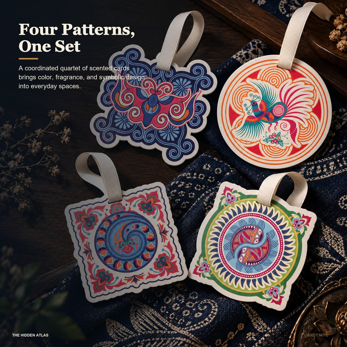 Miao-Pattern Blessing Scented Cards — Set of Four