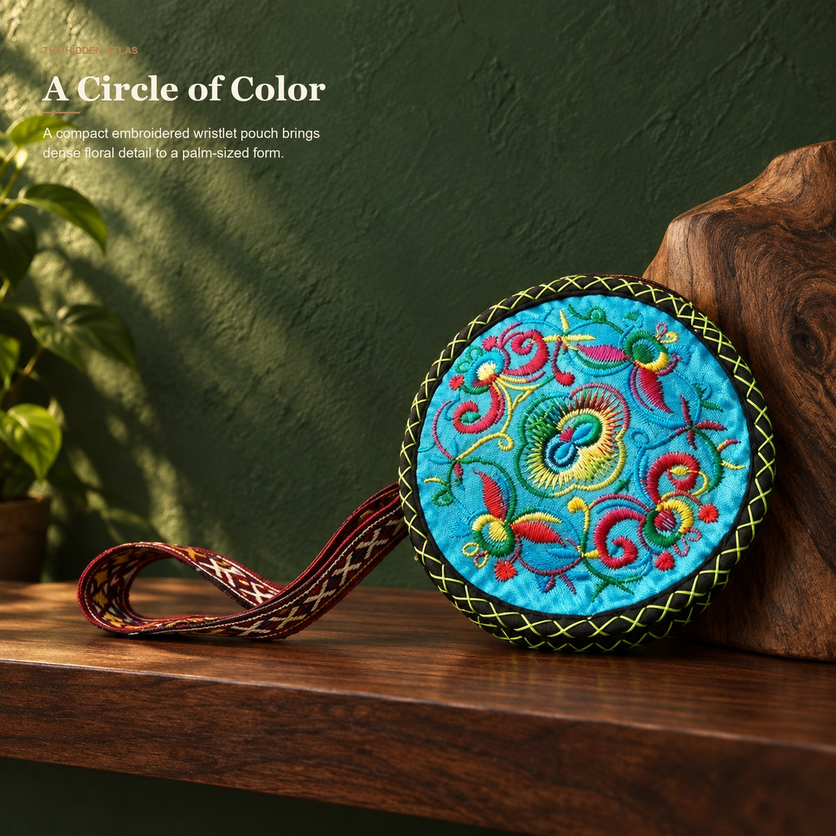 Round Embroidered Wristlet Pouch