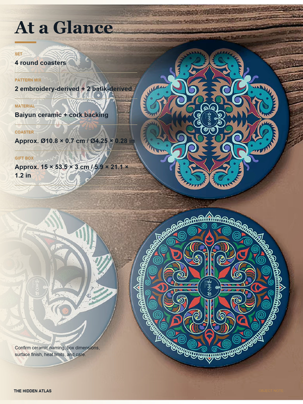 Miao Embroidery & Batik Pattern Ceramic Coaster Gift Set