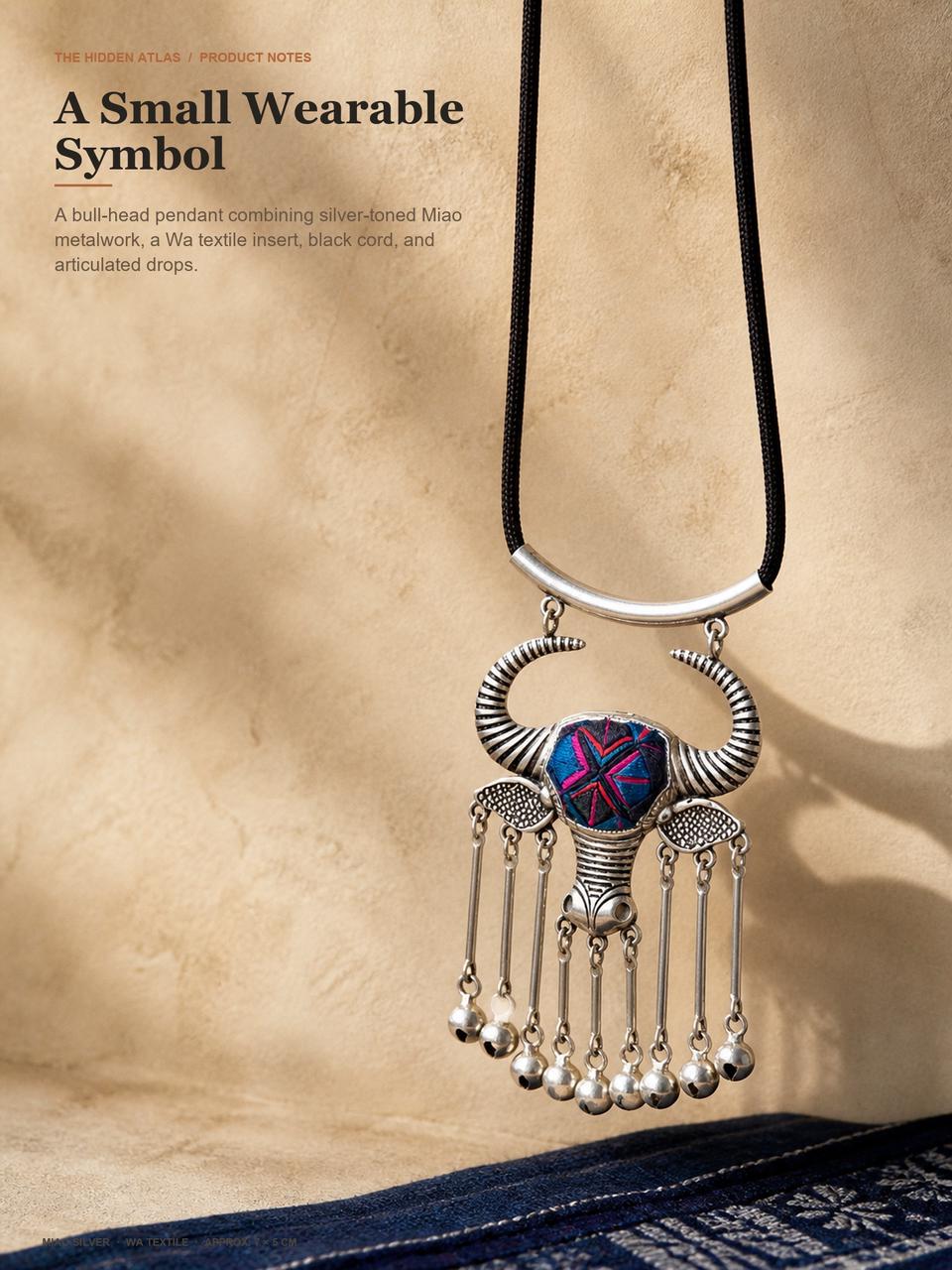 Bull Head Pendant Necklace with Wa Textile