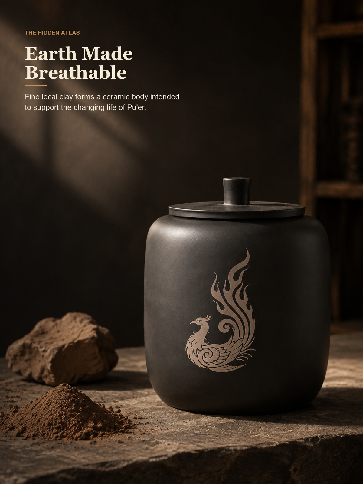Zhenyuan Black Pottery Tea Canister with Phoenix Motif