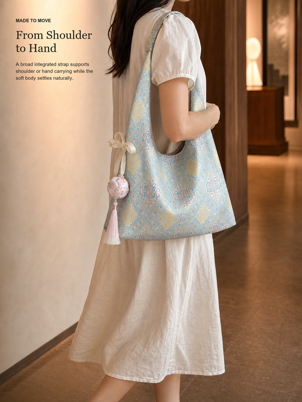 Zhuang Brocade Hobo Bag | Ethnic Pattern Shoulder Tote With Blessing Ball Charm