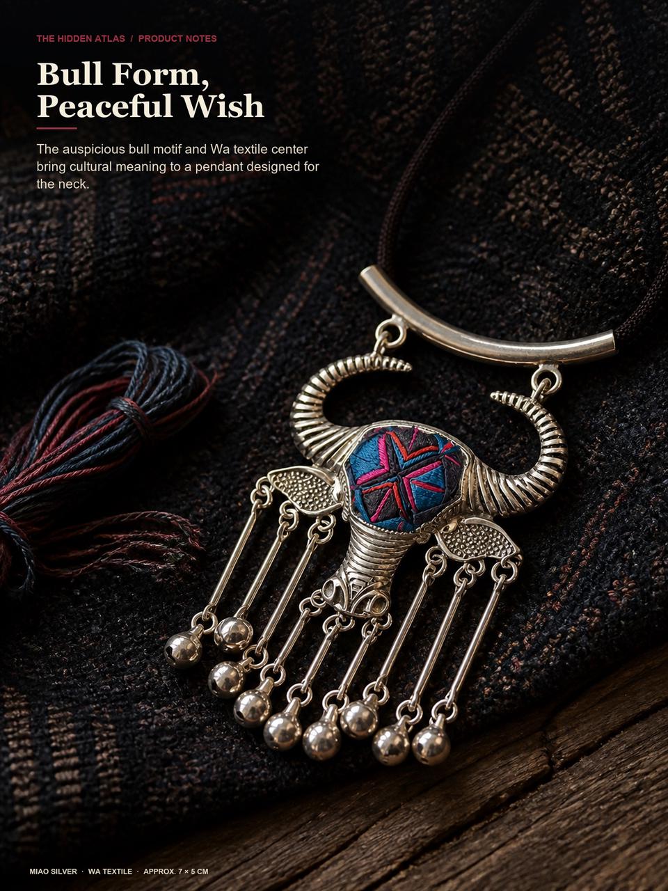 Bull Head Pendant Necklace with Wa Textile