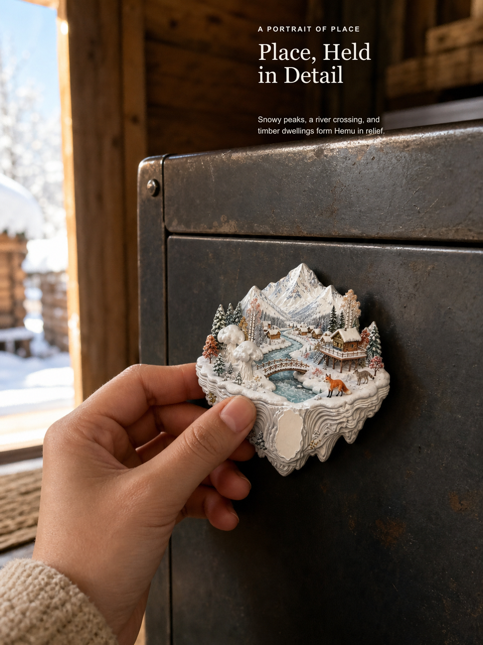 Hemu 3D Landscape Fridge Magnet | Scenic Winter Mountain Village Magnetic Note Holder