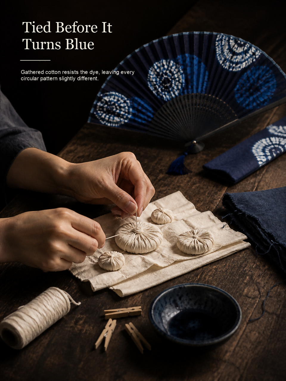 Indigo Tie-Dye Folding Fan — The Scholar's Breeze of Zhoucheng