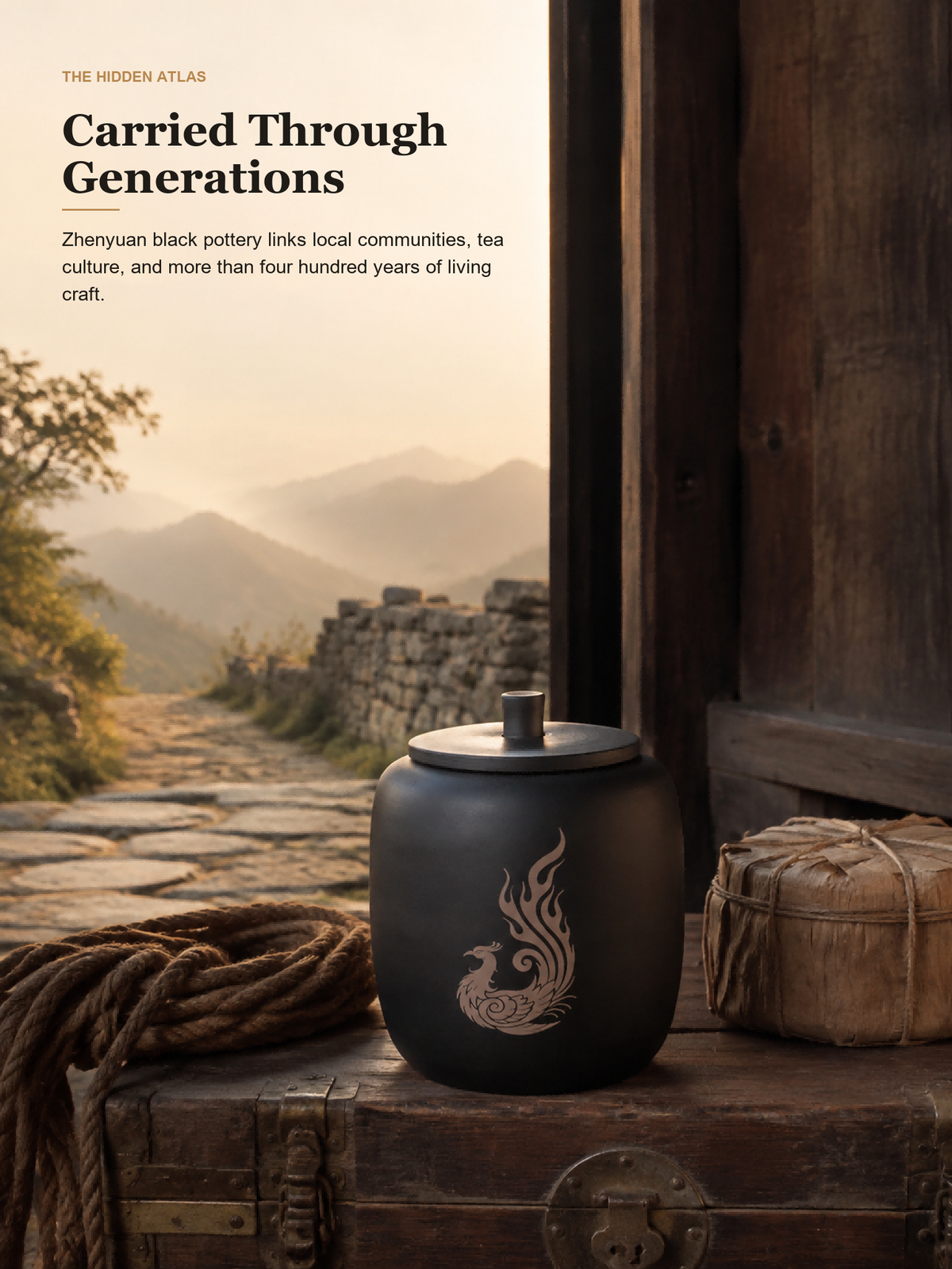 Zhenyuan Black Pottery Tea Canister with Phoenix Motif