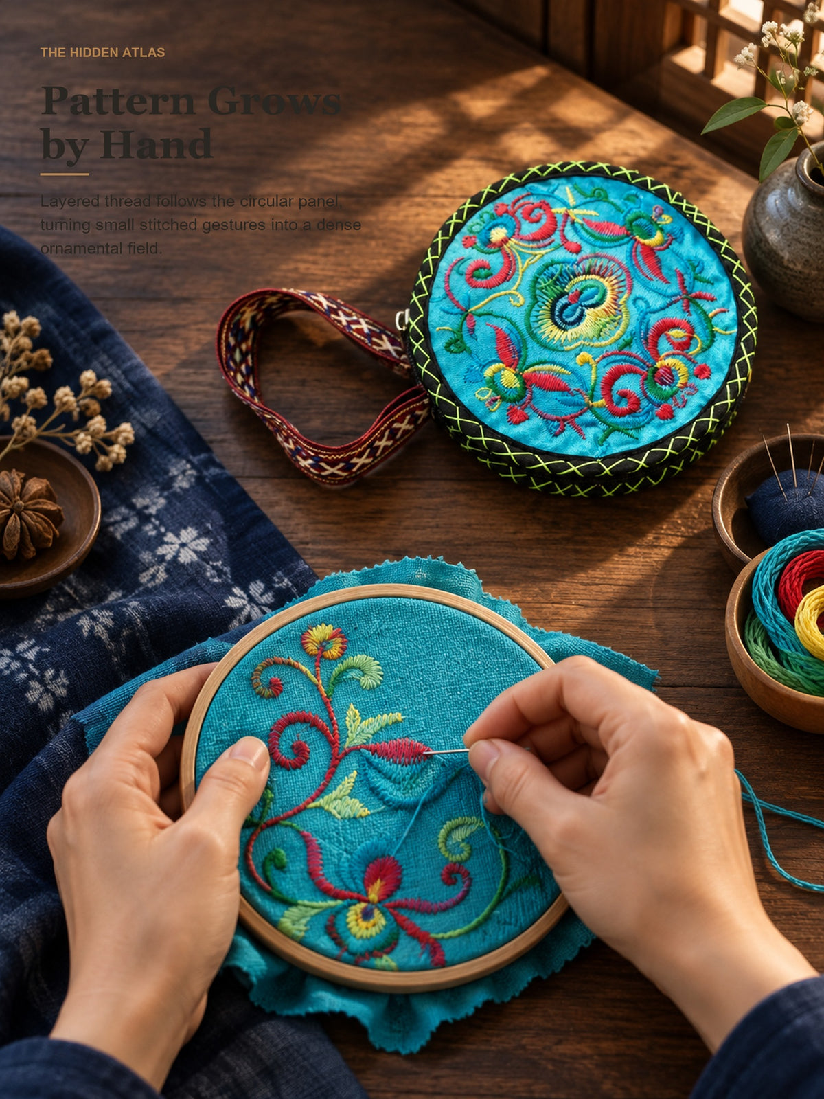 Round Embroidered Wristlet Pouch