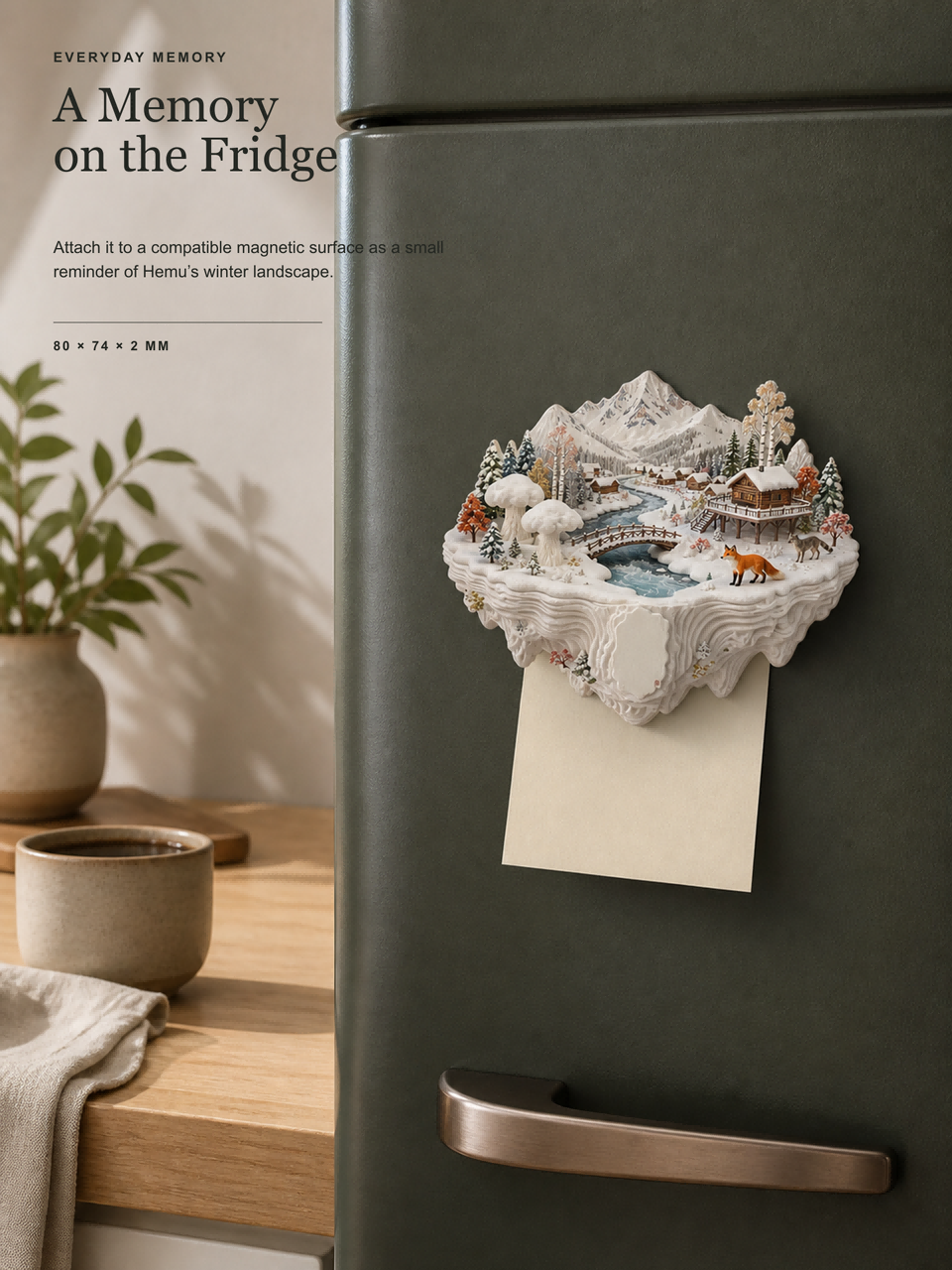 Hemu 3D Landscape Fridge Magnet | Scenic Winter Mountain Village Magnetic Note Holder