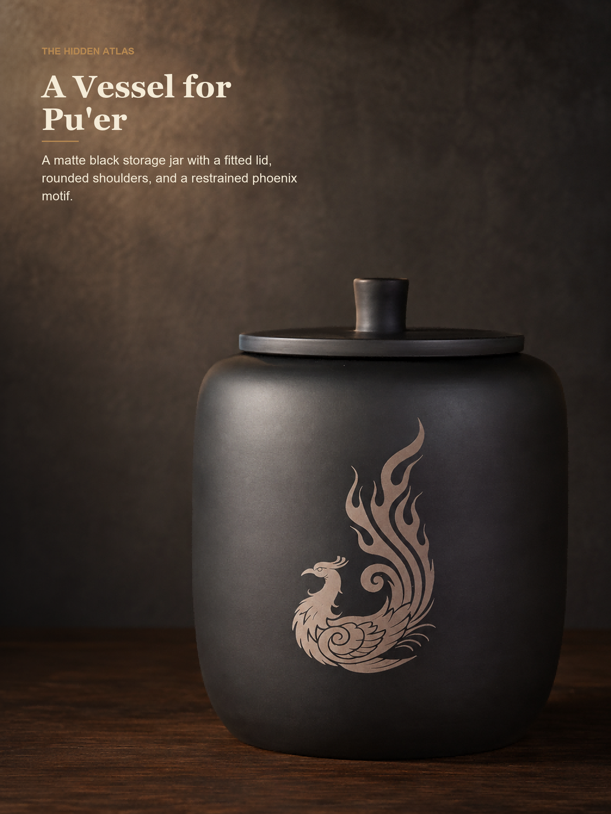Zhenyuan Black Pottery Tea Canister with Phoenix Motif