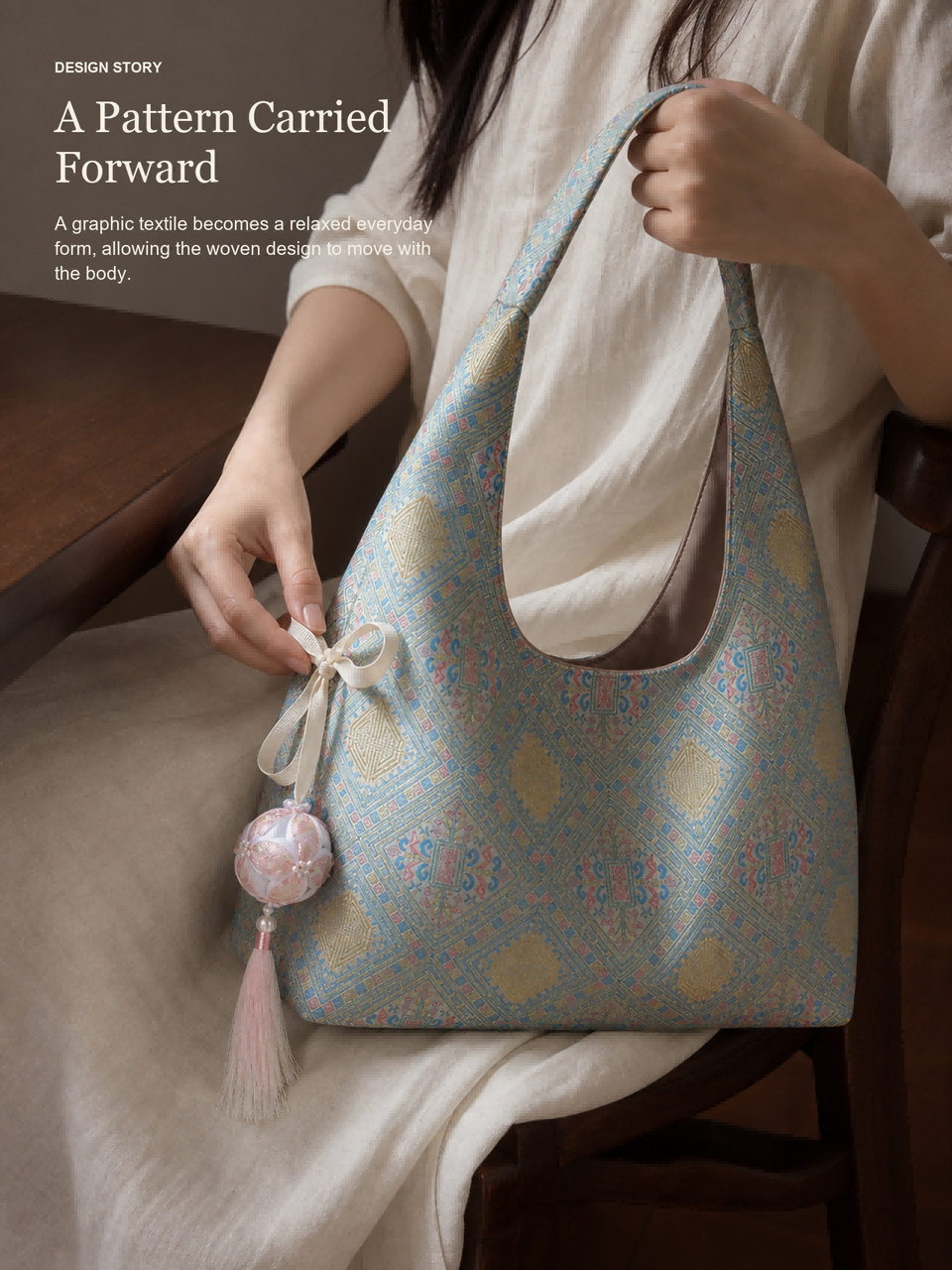 Zhuang Brocade Hobo Bag | Ethnic Pattern Shoulder Tote With Blessing Ball Charm
