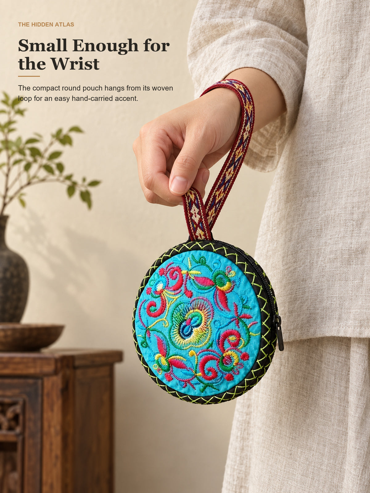 Round Embroidered Wristlet Pouch
