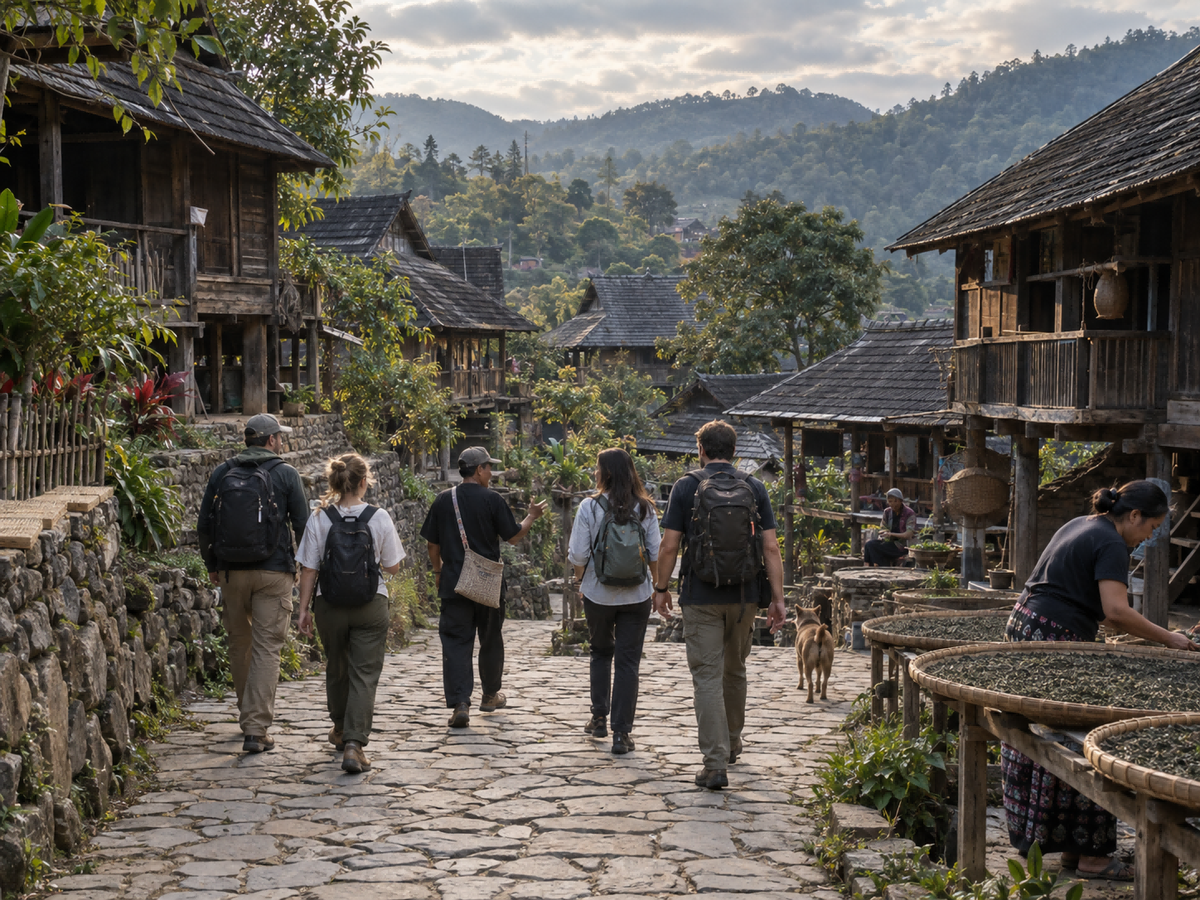 An old stone lane introduces Wengji as a working village rather than a preserved stage set