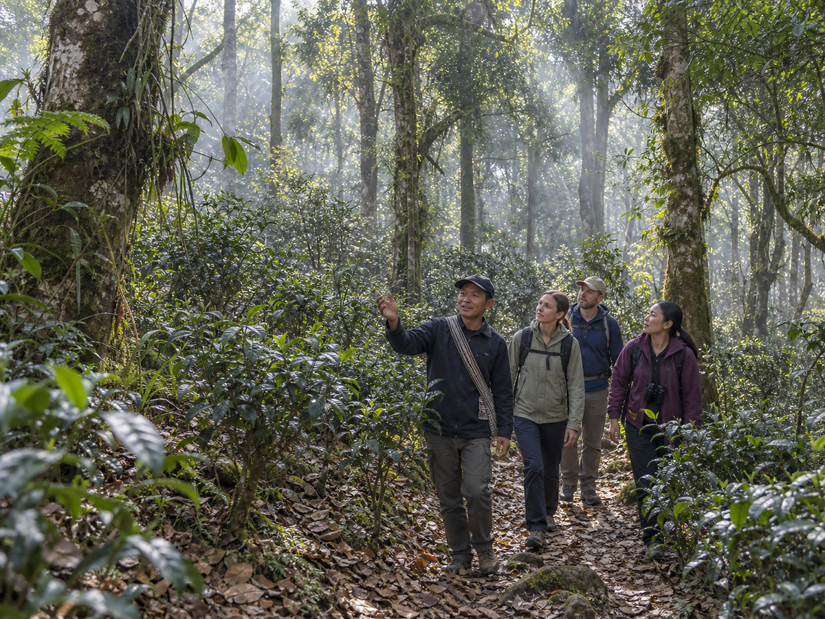 Caption: Beneath a tall forest canopy, tea grows as part of a layered mountain ecosystem.