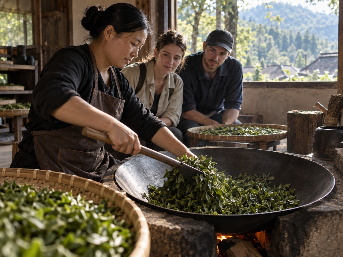 Heat, pressure, timing, and judgment transform fresh leaves inside a working village tea room