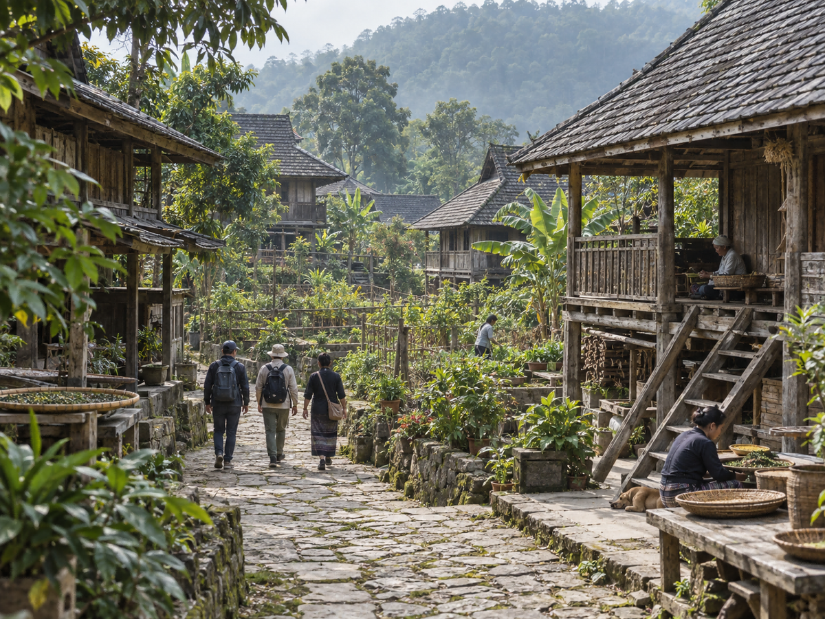 Timber houses, gardens, and everyday tea work reveal the spatial intelligence of a living village