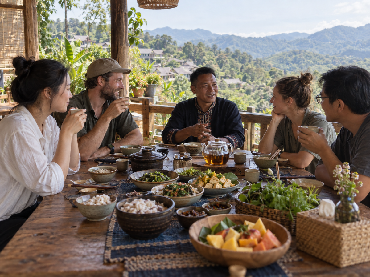 Rice, greens, tofu, herbs, fruit, and tea close the expedition around a shared Lancang table